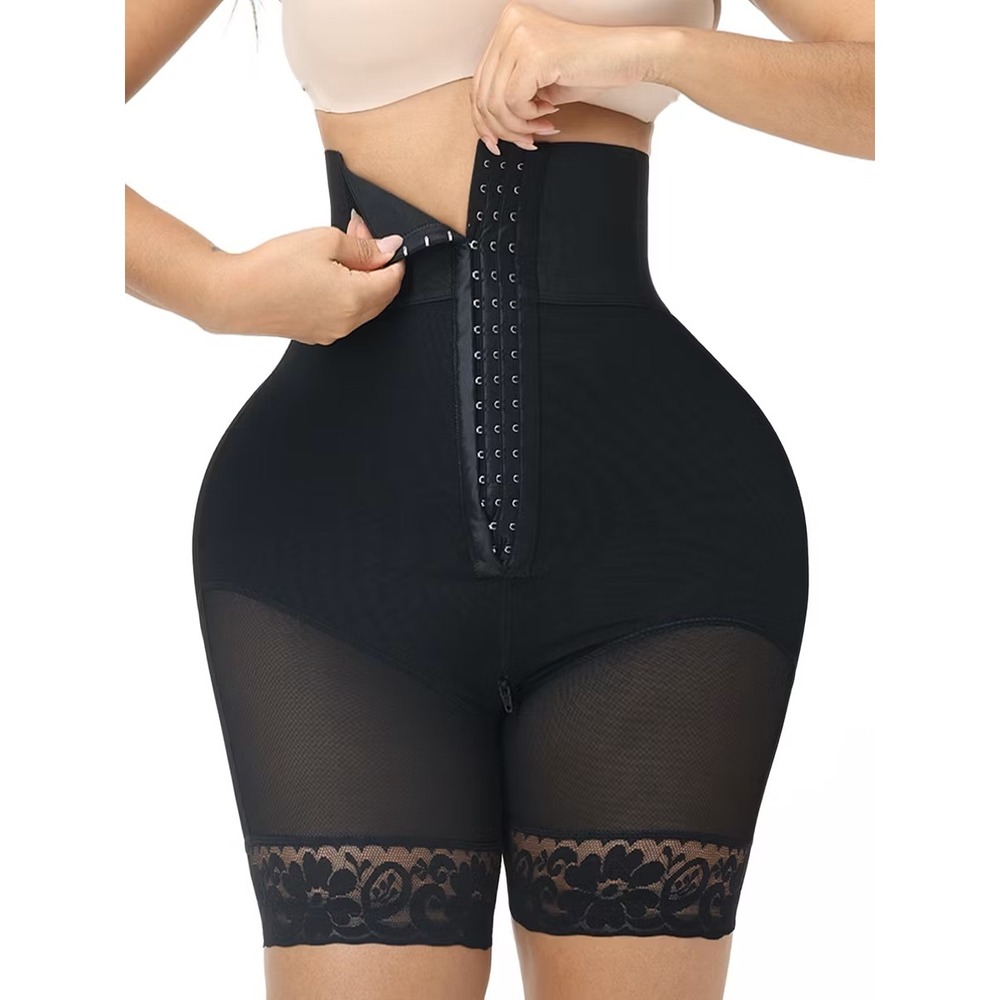 Luxseren High Waist Shapewear Shorts Tummy Control Lace Trim Black Compression S